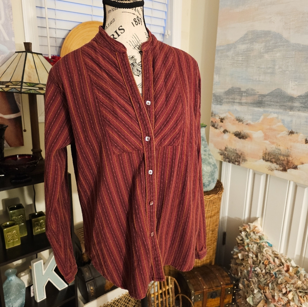 Vtg Woolrich Peasant Style Striped 100% Cotton Earth Tone Long Sleeve Shirt.